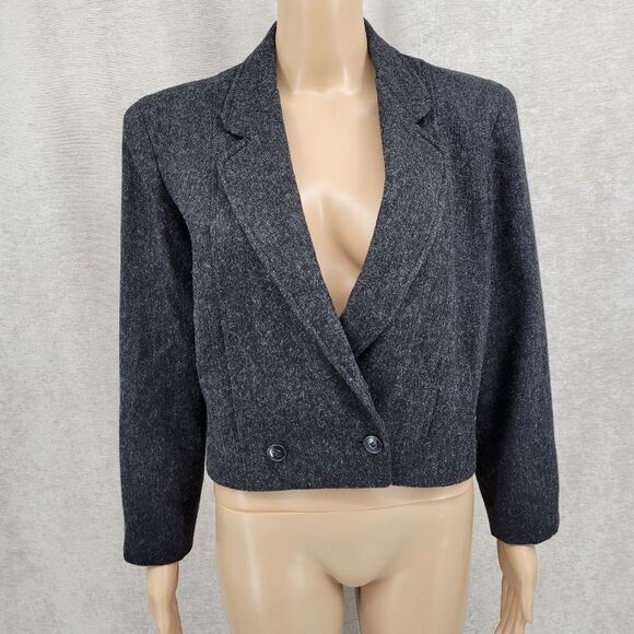 Vintage Wool Gray Double Breasted Blazer Cropped Boxy Fit - Picture 1 of 13